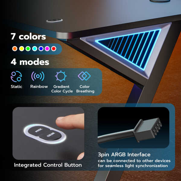 ARES WING 47" Gaming Table with LED Light, Computer Desk for Adult, PC Ergonomic Table White