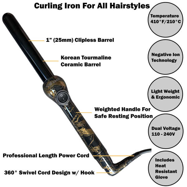 Jose Eber: Clipless Curling Iron 1" (25mm) - Black Marble - Professional Tourmaline Ceramic Barrel, Wand Styling Tool, Ion