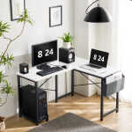 CONCETTA L Shaped Computer Desk with Wooden Desktop CPU Stand Side Bag Reversible, White