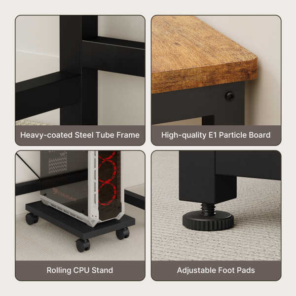 66" L Shaped Computer Desk with Power Outlets, Gaming Desk with Shelf and Drawers for Home Office, Retro Brown