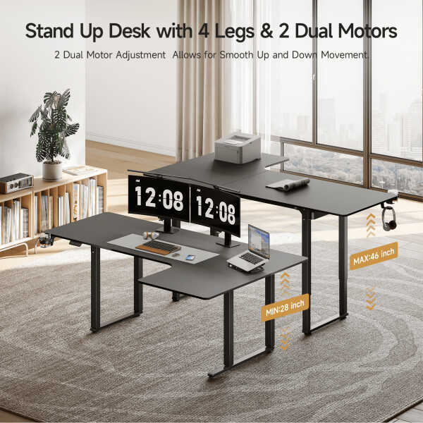 63x43 Inches L Shaped Standing Desk, Electric L Stand Up Desk with 4 Legs, Adjustable Height from 28-46 Inches for Home and