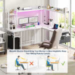 Homieasy L Shaped Desk with Power Outlet and LED lights, Reversible Corner Computer Desk with Hutch and Storage Shelf, Ergonomic