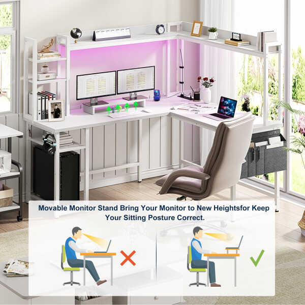 Homieasy L Shaped Desk with Power Outlet and LED lights, Reversible Corner Computer Desk with Hutch and Storage Shelf, Ergonomic