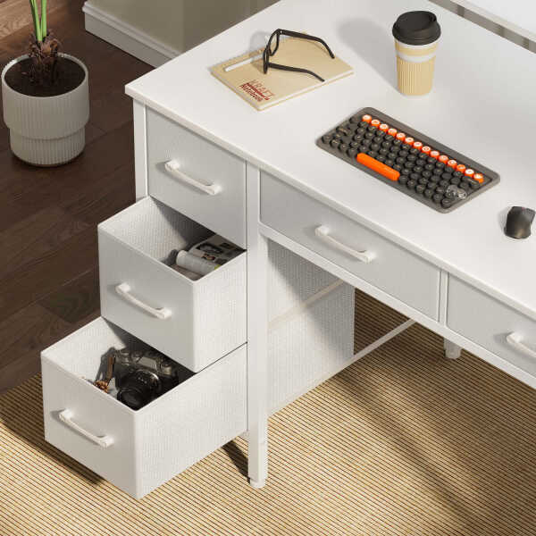 Greenstell 39" Computer Desk with Built-in Outlets & LED, 5-Drawer Office Desk with Monitor Stand, White