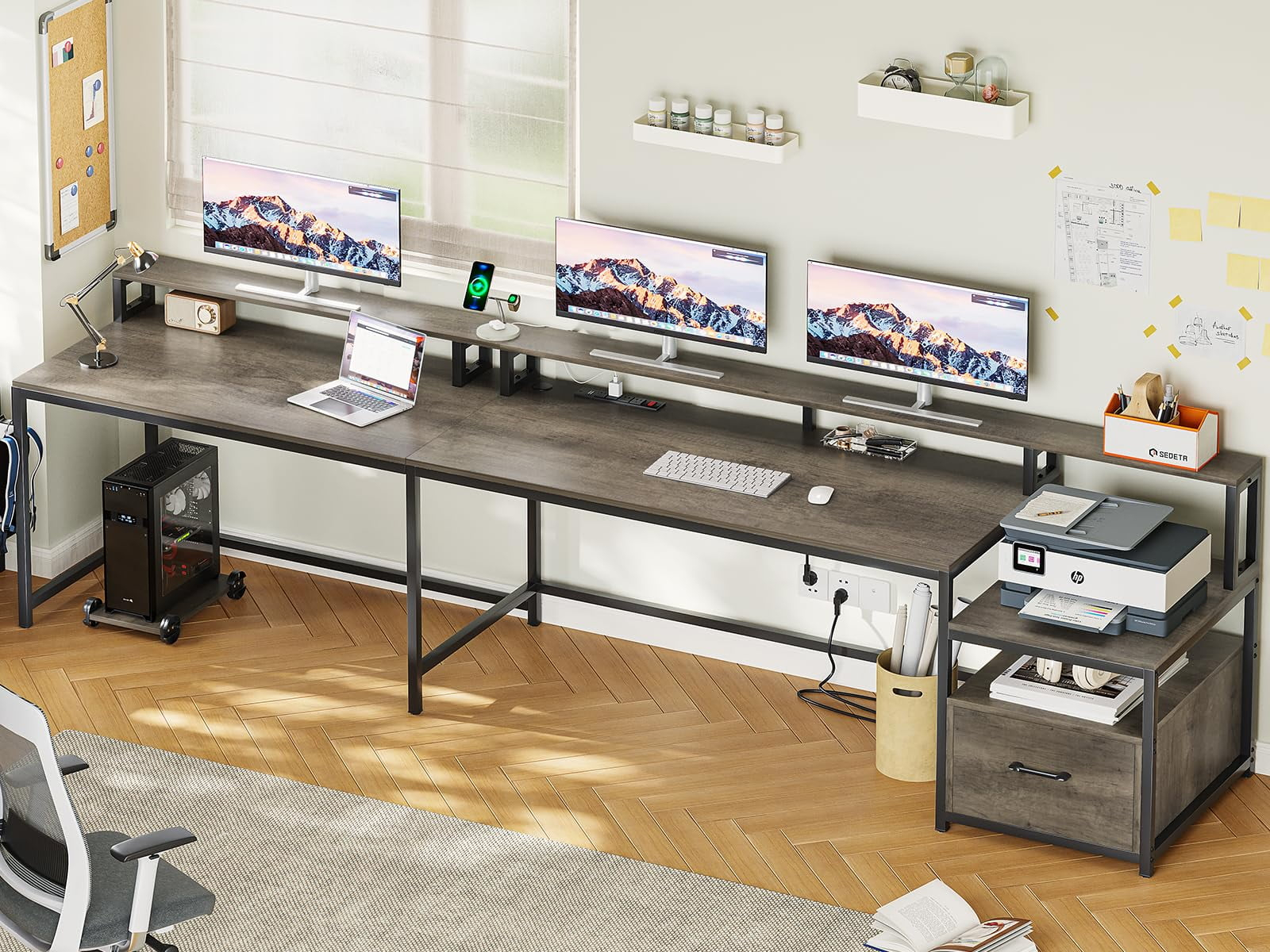 L Shaped Desk with Power Outlet and LED Lights, Corner Computer Desk with File Drawer for Home Office, Gaming Desk, Rustic Brown