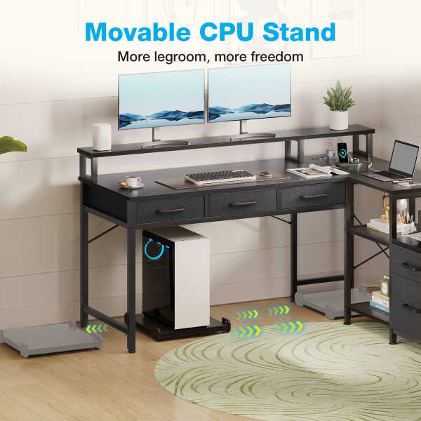 L Shaped Gaming Desk with File Drawer & Power Outlet, 53" Reversible Home Office Desk with Monitor Stand & Storage Drawers,