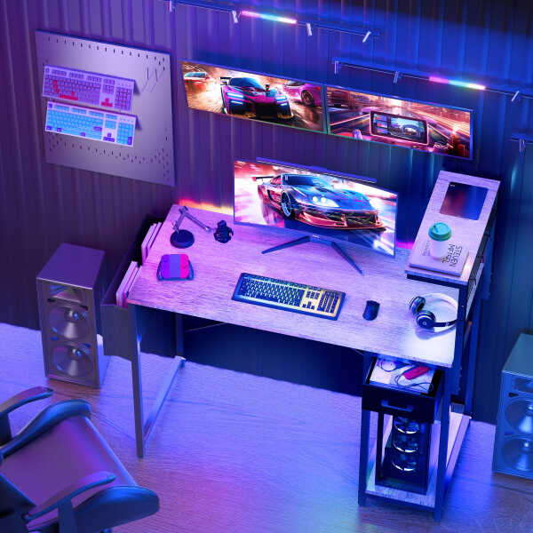 Eunon 44 inch Gaming Computer Desk with LED Lights, Reversible 4 Tier Storage Shelves & Drawer,Pink
