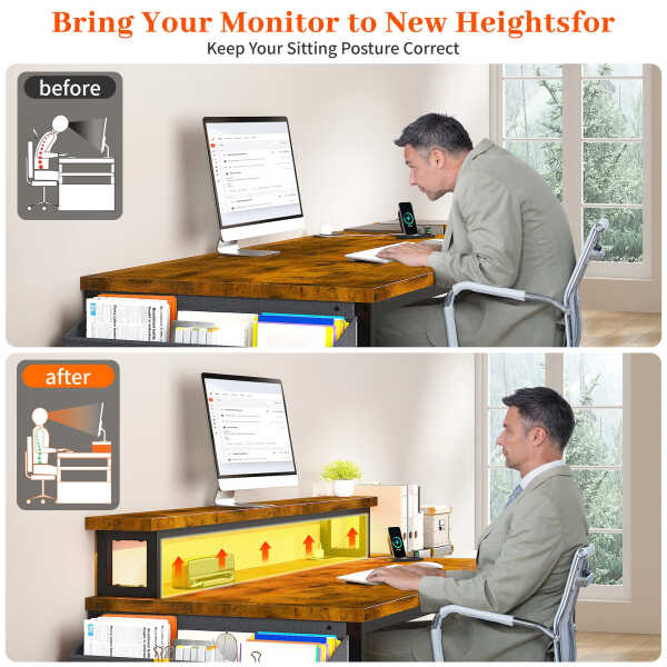 EnHomee 56.5" Computer Desk with Monitor Stand, Office Desk with Fabric File Cabinet, Gaming Computer Desk for Home Office