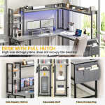 Homieasy L Shaped Desk with Power Outlet and LED lights, Reversible Corner Computer Desk with Hutch and Storage Shelf, Ergonomic