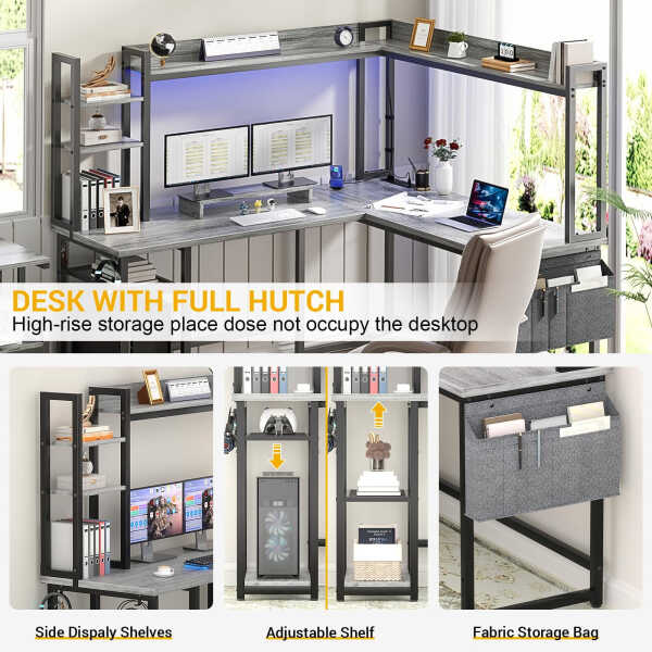 Homieasy L Shaped Desk with Power Outlet and LED lights, Reversible Corner Computer Desk with Hutch and Storage Shelf, Ergonomic