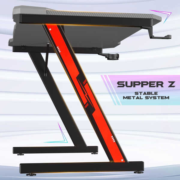 Homall 44 Inches Z-Shaped Gaming Desk Carbon Fiber Surface Desk with Cup Holder & Headphone Hook, Black