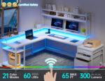 Enhomee L Shaped Desk, Gaming Desks with Power Outlet & LED Light Computer Deskwith Drawers & Storage Shelves Black
