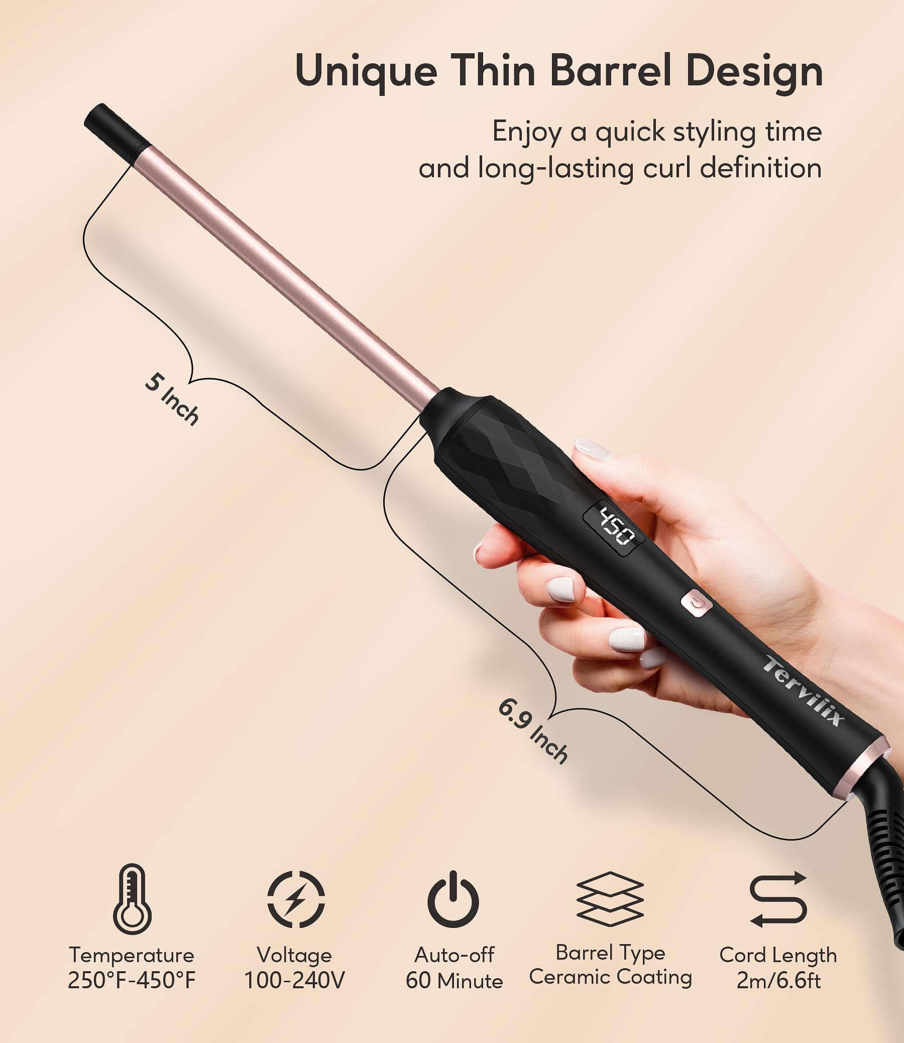 Terviiix Small Barrel Curling Wand, 3/8" Thin Curling Iron with Adjustable Heating, Black