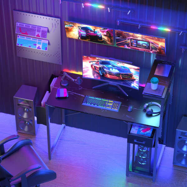 Eunon 44 inch Gaming Computer Desk with LED Lights, Reversible 4 Tier Storage Shelves & Drawer,Pink