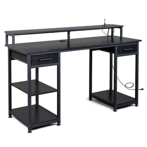 Ktaxon Gaming Desk with 2 Power Outlets&USB, Computer Desk with 15 Adjustable Light, Study Writing Table with Large Desktop, for