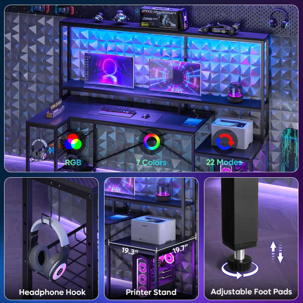 Bestier 71.5 inch Gaming Desk with LED Lights & Power Outlet, L Shaped Computer Desk with Hutch & Adjustable Shelves, Pink 3D