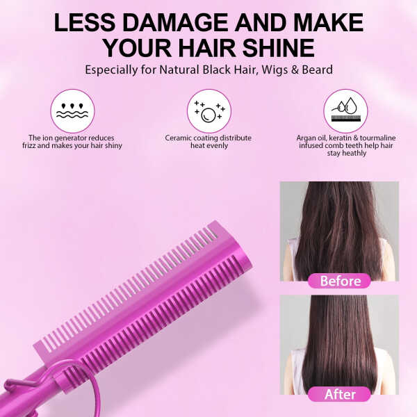 DAN Technology 2 in 1 Electric Hot Comb Iron 450 for Black Hair Wigs Beard,Double Side Teeth Creamic Heat Pink Pressing Comb