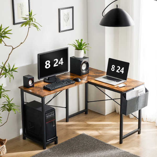 CONCETTA L Shaped Computer Desk with Wooden Desktop CPU Stand Side Bag Reversible, White