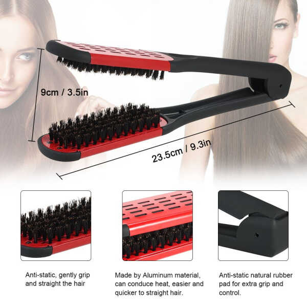 SHELLTON Hair Straightener Brush, Anti-static Dual-Brush Comb, Professional V-Shaped Clamp Styling Comb Tool for Home and