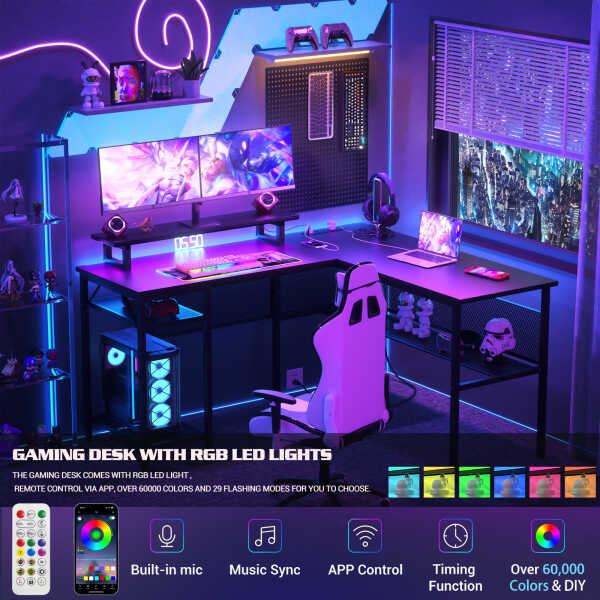 Homieasy L Shaped Computer Desk with Magic Power Outlets and Smart LED Light, Reversible 55 Inch Corner Office Desk with Monitor