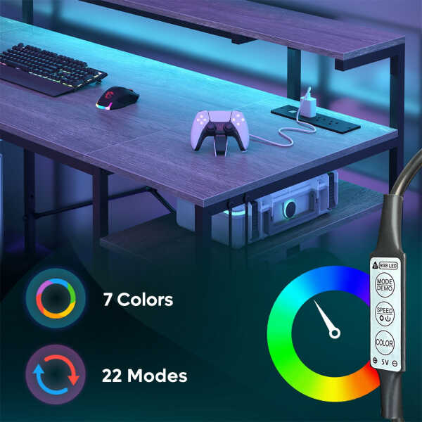 Bestier Gaming Desk with LED Light & Outlets 55" Computer Desk with Monitor Stand, Black Carbon Fiber