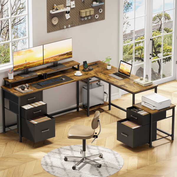 GIKPAL L Shaped Computer Desk, Reversible Gaming Desk with Drawers, Corner Desk with Storage Shelves & Monitor Stand, Home