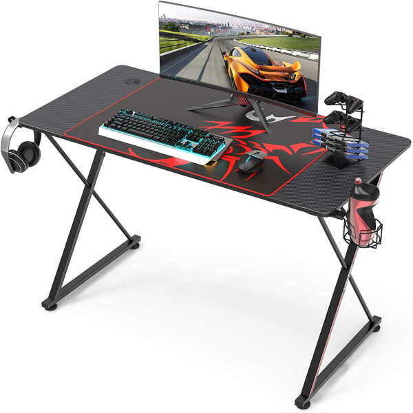 EE EUREKA ERGONOMIC Gaming Desk, 47 inch Gamer Workstation, Carbon Fiber Surface Gaming Computer Desk with Large Mouse Pad,