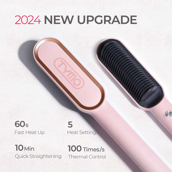 TYMO Ring Hair Straightener Brush, Hair Straightening Iron with Built-in Comb, Anti-Scald & Dual Voltage, Pink