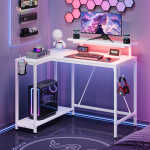Pinmoco 42" Reversible L-Shaped Gaming Desk with Monitor Stand, LED Lights& Headset Hooks, Home Office, Carbon Fiber Black