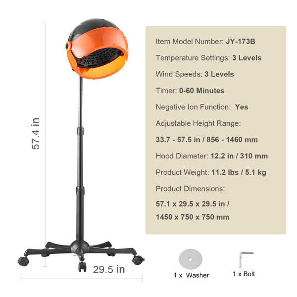 KFFKFF Ionic Hair Dryer with Hood, 1875W Professional Bonnet Hair Dryer, Timer Function, 3 Heat Settings & Speed Control,