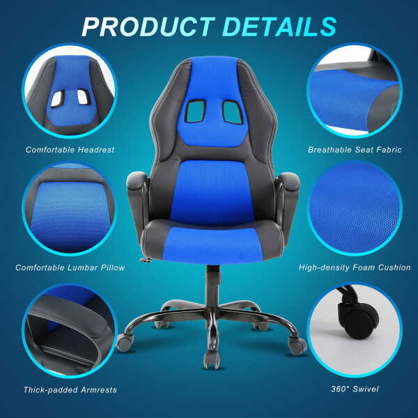 YRLLENSDAN Gaming Collection Z-Shaped Desk with Headphone Hook and Adjustable Feet, Blue