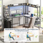 Homieasy L Shaped Desk with Power Outlet and LED lights, Reversible Corner Computer Desk with Hutch and Storage Shelf, Ergonomic