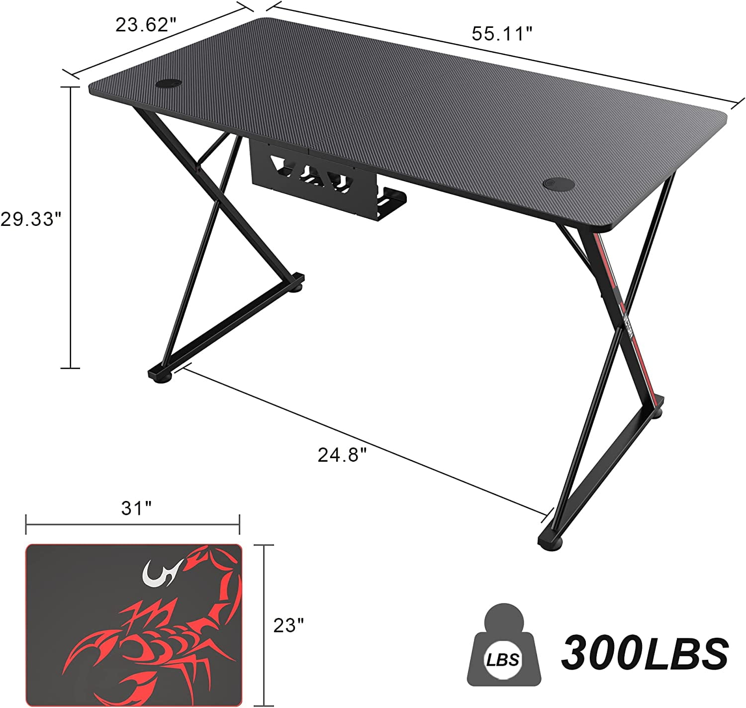 EE EUREKA ERGONOMIC Gaming Desk, 47 inch Gamer Workstation, Carbon Fiber Surface Gaming Computer Desk with Large Mouse Pad,