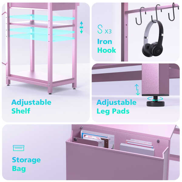 Eunon 44 inch Gaming Computer Desk with LED Lights, Reversible 4 Tier Storage Shelves & Drawer,Pink