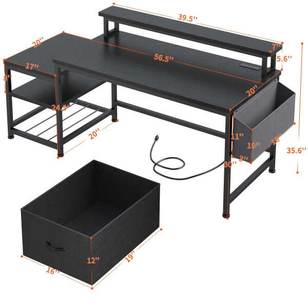 EnHomee 56.5" Computer Desk with Monitor Stand, Office Desk with Fabric File Cabinet, Gaming Computer Desk for Home Office