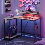 Pinmoco 42" Reversible L-Shaped Gaming Desk with Monitor Stand, LED Lights& Headset Hooks, Home Office, Carbon Fiber Black