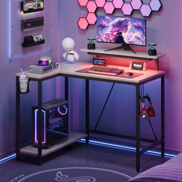 Pinmoco 42" Reversible L-Shaped Gaming Desk with Monitor Stand, LED Lights& Headset Hooks, Home Office, Carbon Fiber Black