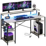 Bestier Gaming Desk with LED Light & Outlets 55" Computer Desk with Monitor Stand, Black Carbon Fiber