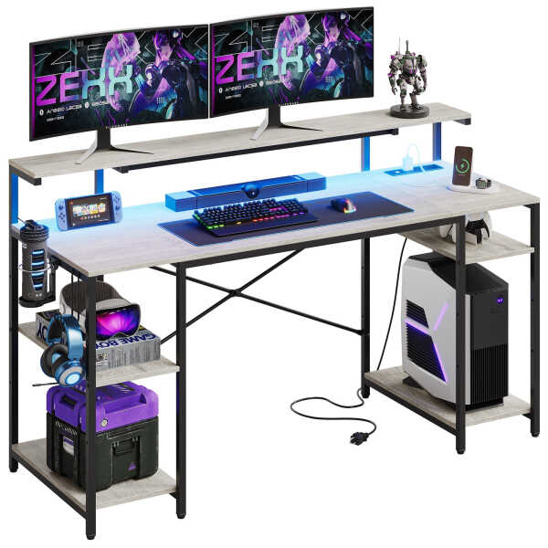 Bestier Gaming Desk with LED Light & Outlets 55" Computer Desk with Monitor Stand, Black Carbon Fiber