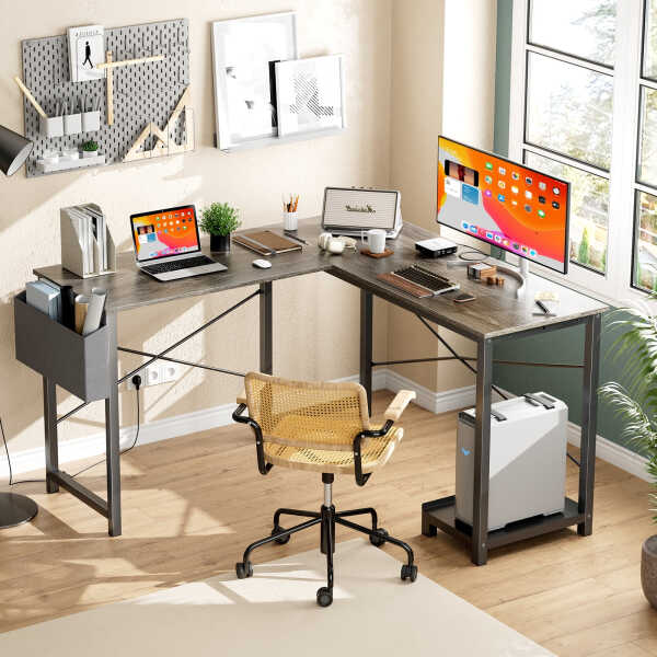 CONCETTA 49 Inch Modern L Shaped Computer Desk with Lower Storage Shelf & Side Bag, Two-Way Convertible Corner Gaming Table for