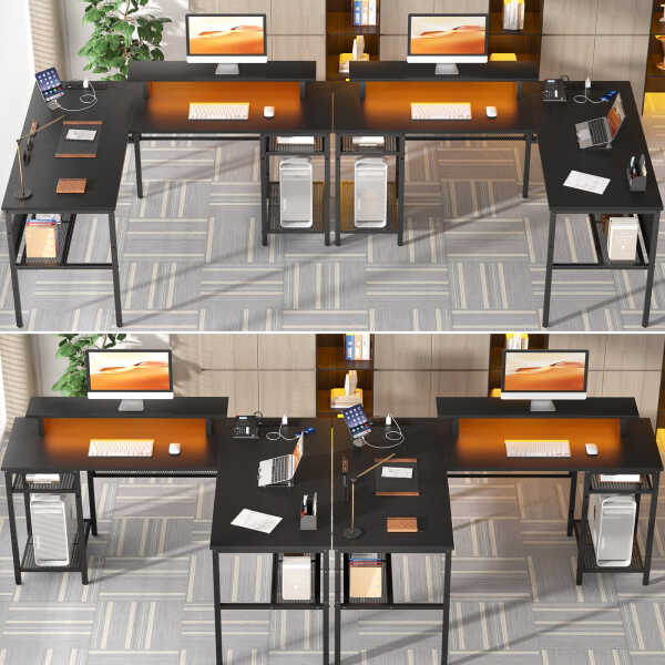 Homieasy L Shaped Computer Desk with Magic Power Outlets and Smart LED Light, Reversible 55 Inch Corner Office Desk with Monitor