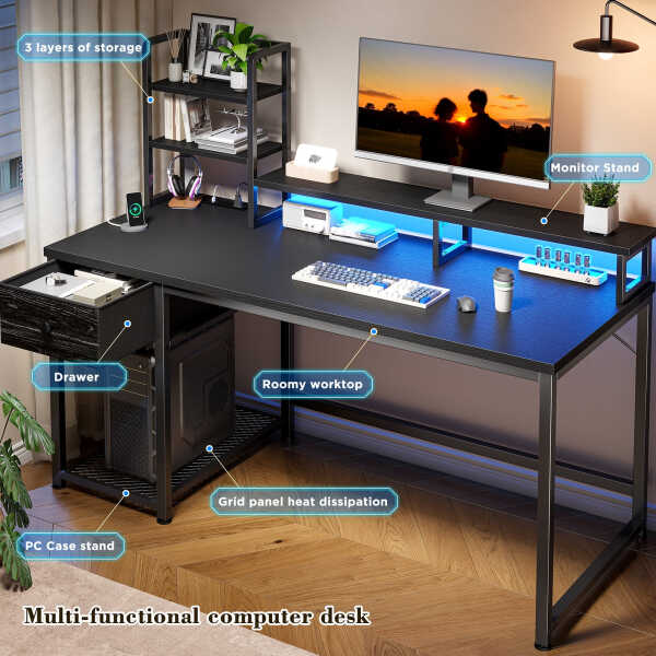 EnHomee 43.3" Gaming Desk with LED Lights & Power Outlets, Computer Desk with Drawers, Home Office Desks with Reversible Shelves