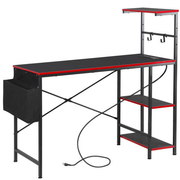 ZENY Gaming Desk with Power Outlets, 44 Inch LED Computer Desk with Side Storage Bag for Bedroom Home Office Black