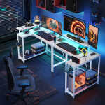 Pinmoco 42" Reversible L-Shaped Gaming Desk with Monitor Stand, LED Lights& Headset Hooks, Home Office, Carbon Fiber Black