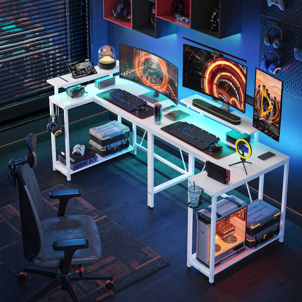 Pinmoco 42" Reversible L-Shaped Gaming Desk with Monitor Stand, LED Lights& Headset Hooks, Home Office, Carbon Fiber Black