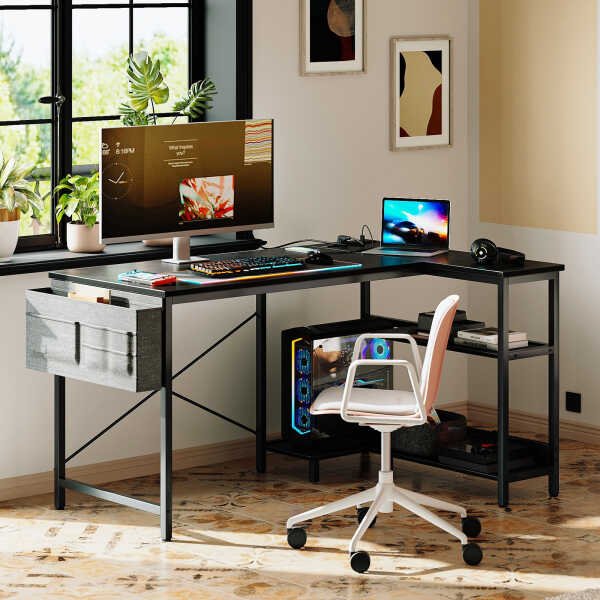 48 inch Reversible L Shaped Gaming Desk with LED Lights & Power Outlet, Corner Computer Desk with Storage Shelves & CPU Stand,