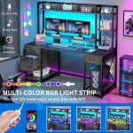 Dextrus 59.1"Computer Desk with Power Outlets & Hutch, Office Desk with Storage Shelves & Drawers with Lock, Gaming Desk with