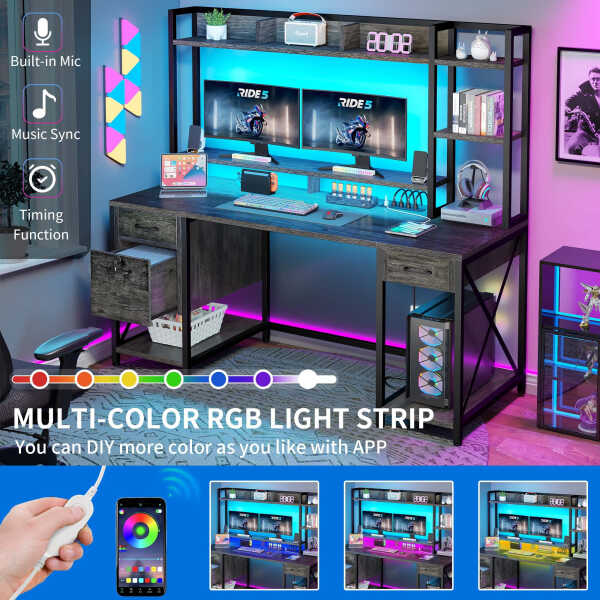 Dextrus 59.1"Computer Desk with Power Outlets & Hutch, Office Desk with Storage Shelves & Drawers with Lock, Gaming Desk with