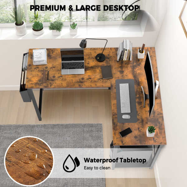CONCETTA L Shaped Computer Desk with Wooden Desktop CPU Stand Side Bag Reversible, White