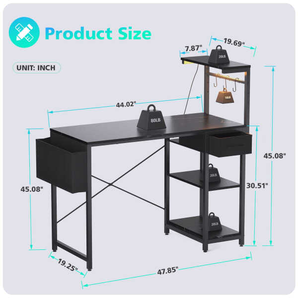 Eunon 44 inch Gaming Computer Desk with LED Lights, Reversible 4 Tier Storage Shelves & Drawer,Pink